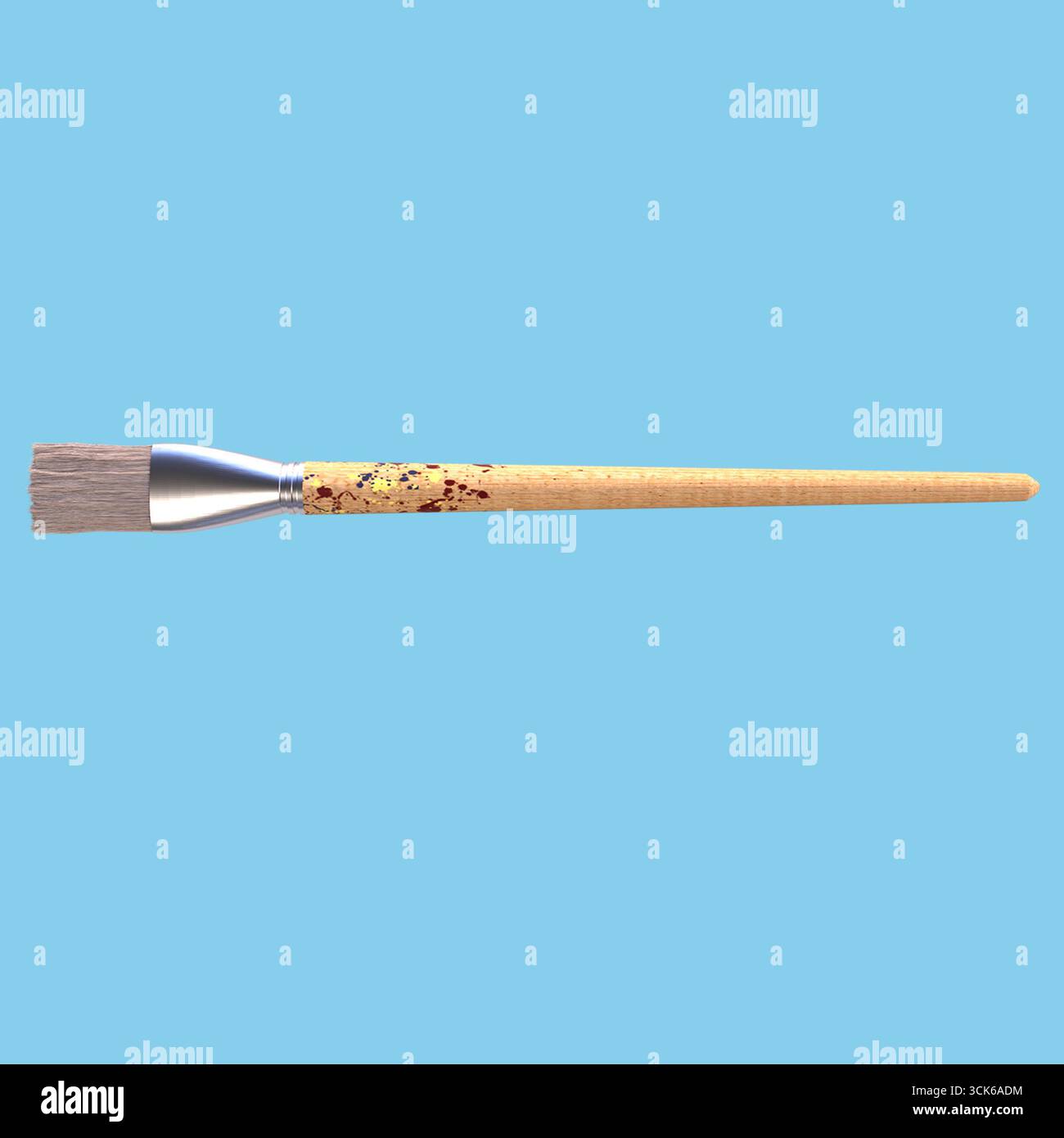Ein Pinsel mit flacher Spitze, der zum Auftragen von Farbe in verschiedenen künstlerischen Projekten verwendet wird. Stockfoto