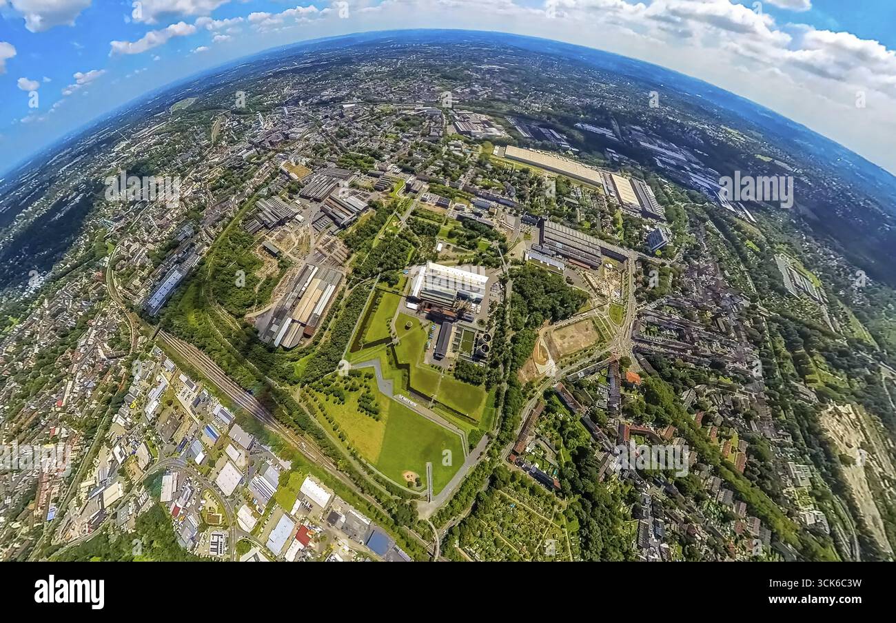 Luftbild, Baustelle Westpark, Jahrhunderthalle und neues Büroviertel Trium Campus, Erdkugel, Fischaugenaufnahme, 360-Grad-Aufnahme, winzige Welt Stockfoto