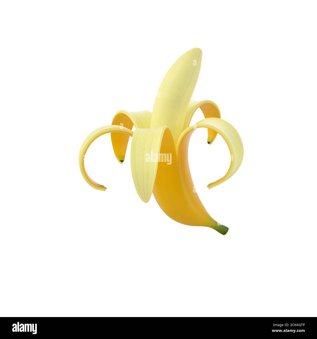 Eine stilisierte gelbe Banane mit teilweise offener Schale, die ihre leuchtende Farbe und glatte Textur zeigt. Stockfoto
