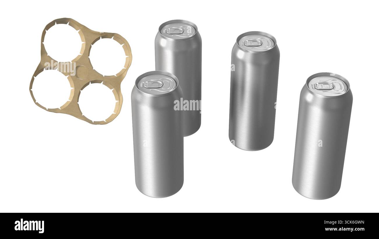 Ein Set aus vier silbernen Getränkedosen mit einem Papphalter, der in der Regel zum Verpacken und Transportieren von Getränken verwendet wird. Stockfoto