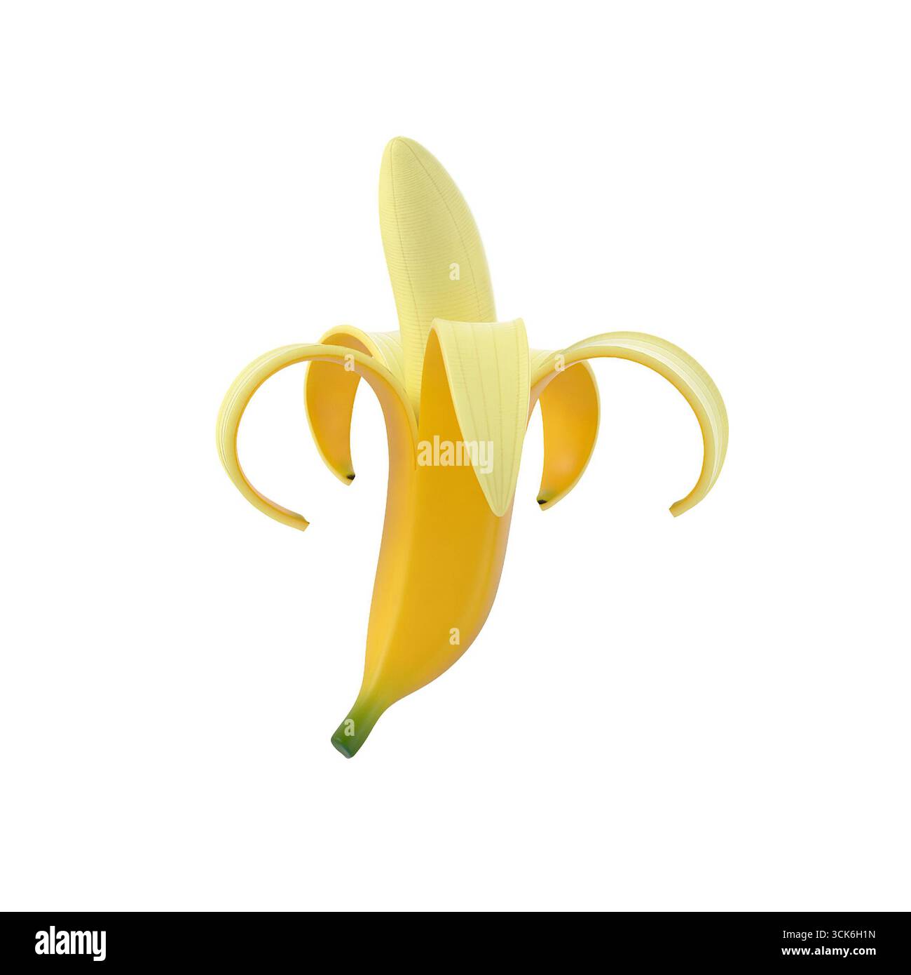 Eine stilisierte Banane mit ungewöhnlichem Design, offenem Schalen und leuchtendem Gelb, die eine kreative Fruchtdarstellung darstellt. Stockfoto