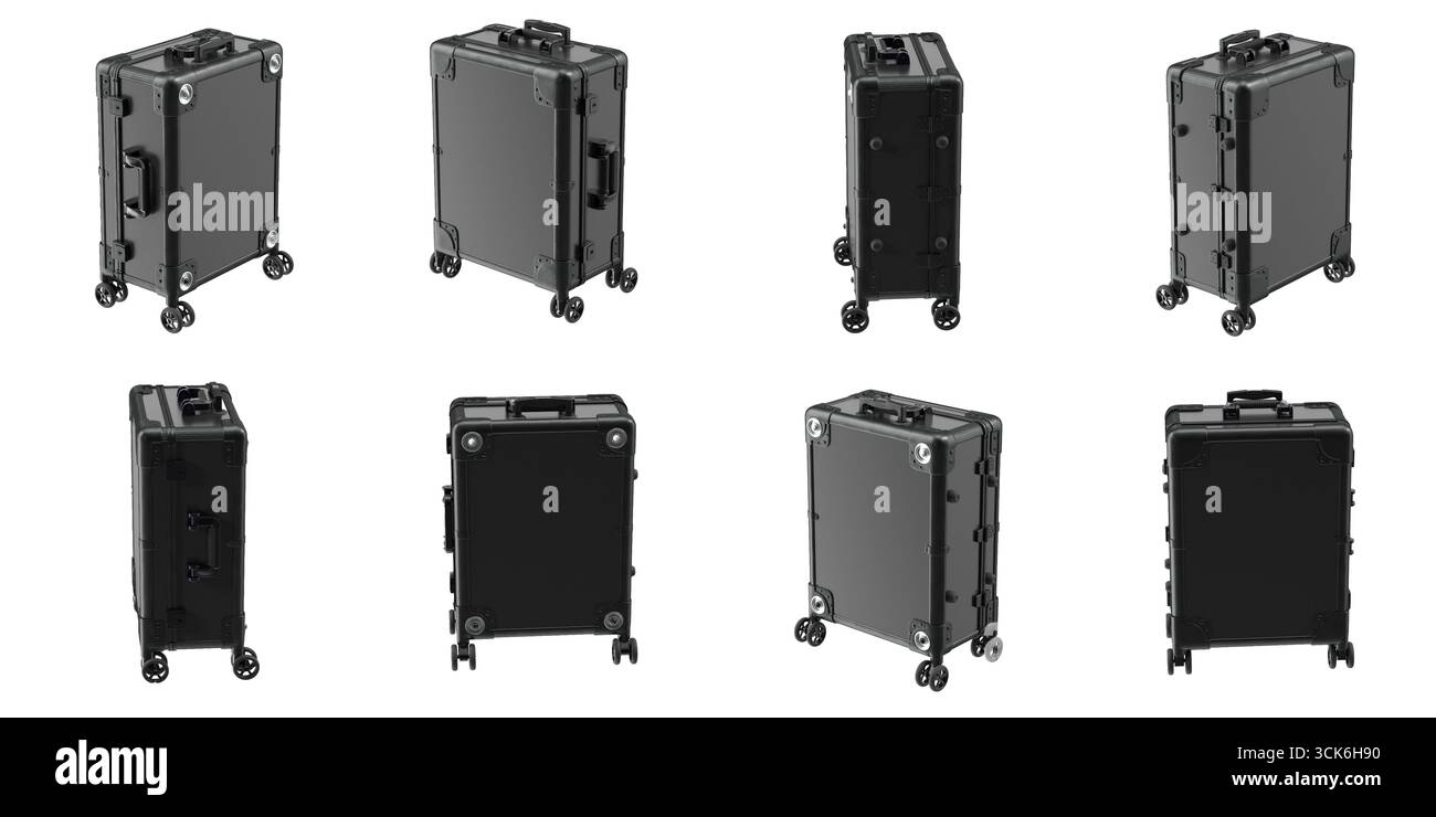 Eine Kollektion schwarzer Koffer aus verschiedenen Blickwinkeln, die ihr Design und ihre Funktionalität für Reisen zeigen. Stockfoto