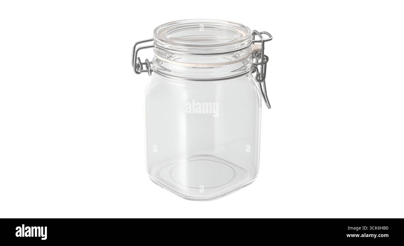 Ein klarer Glasbehälter mit Metallverschluss, ideal zur Aufbewahrung von Lebensmitteln, Gewürzen oder anderen kleinen Gegenständen. Stockfoto