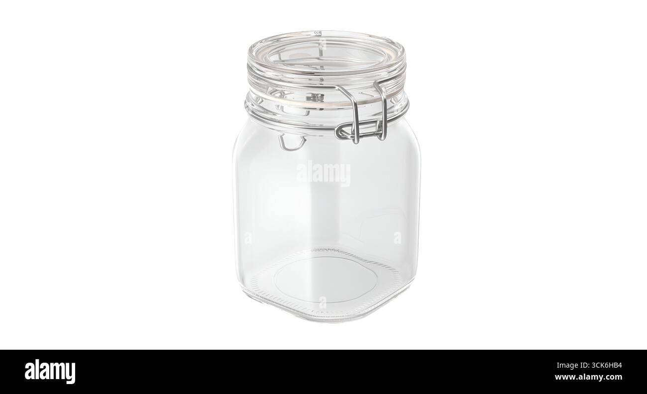 Ein durchsichtiger Glasbehälter mit Metallverschluss, ideal zur Aufbewahrung von Lebensmitteln, Gewürzen oder kleinen Gegenständen, während sie frisch bleiben. Stockfoto