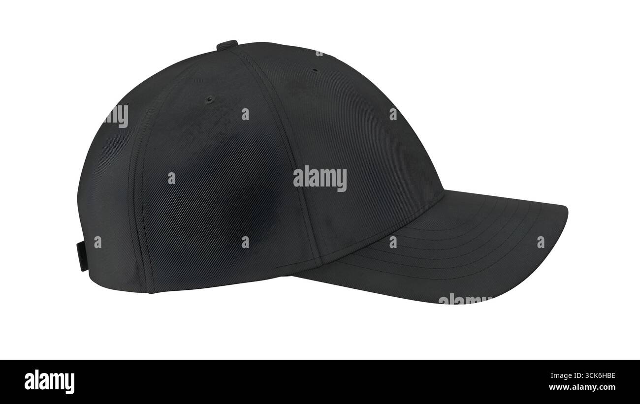 Eine schwarze Baseballkappe mit geschwungenem Schirm für Freizeitkleidung und Sonnenschutz. Stockfoto