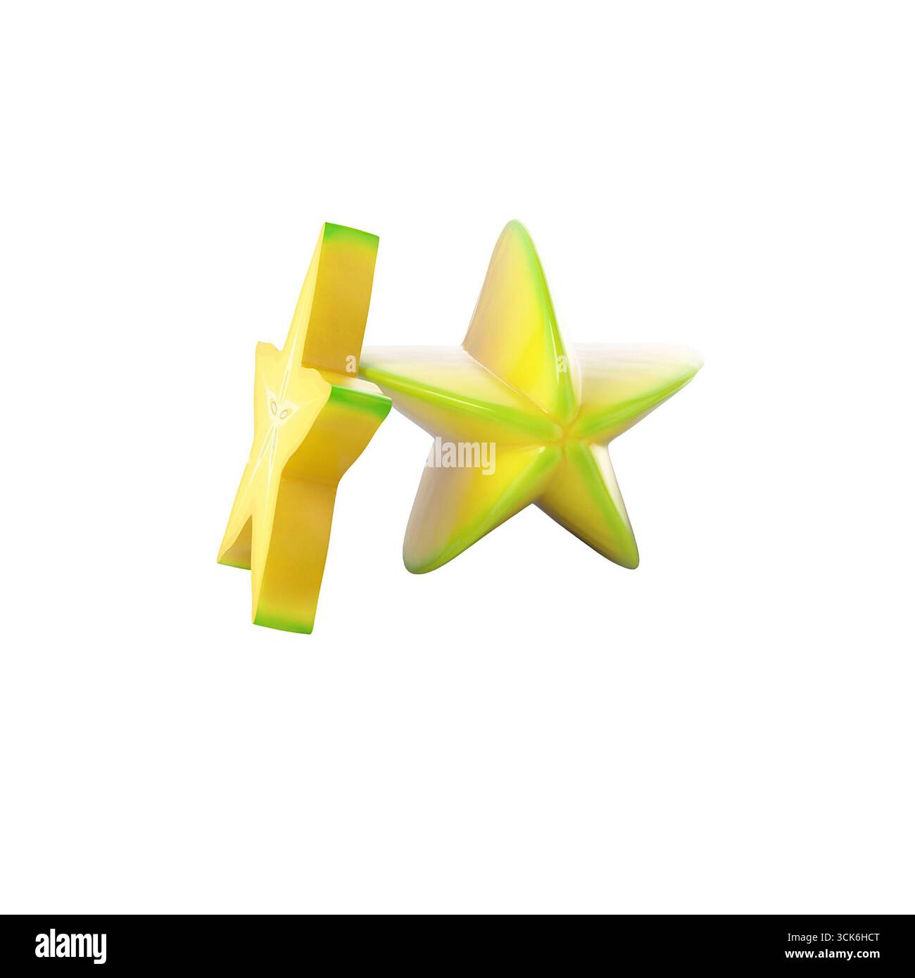 Ein lebendiges, stilisiertes, sternförmiges Objekt in Gelb- und Grüntönen, möglicherweise ein dekoratives oder verspieltes Objekt. Stockfoto