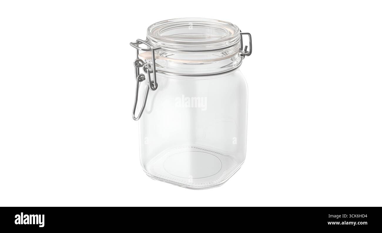 Ein klarer Glasbehälter mit Metallverschluss, ideal für die sichere Aufbewahrung von Lebensmitteln, Gewürzen oder anderen Gegenständen. Stockfoto
