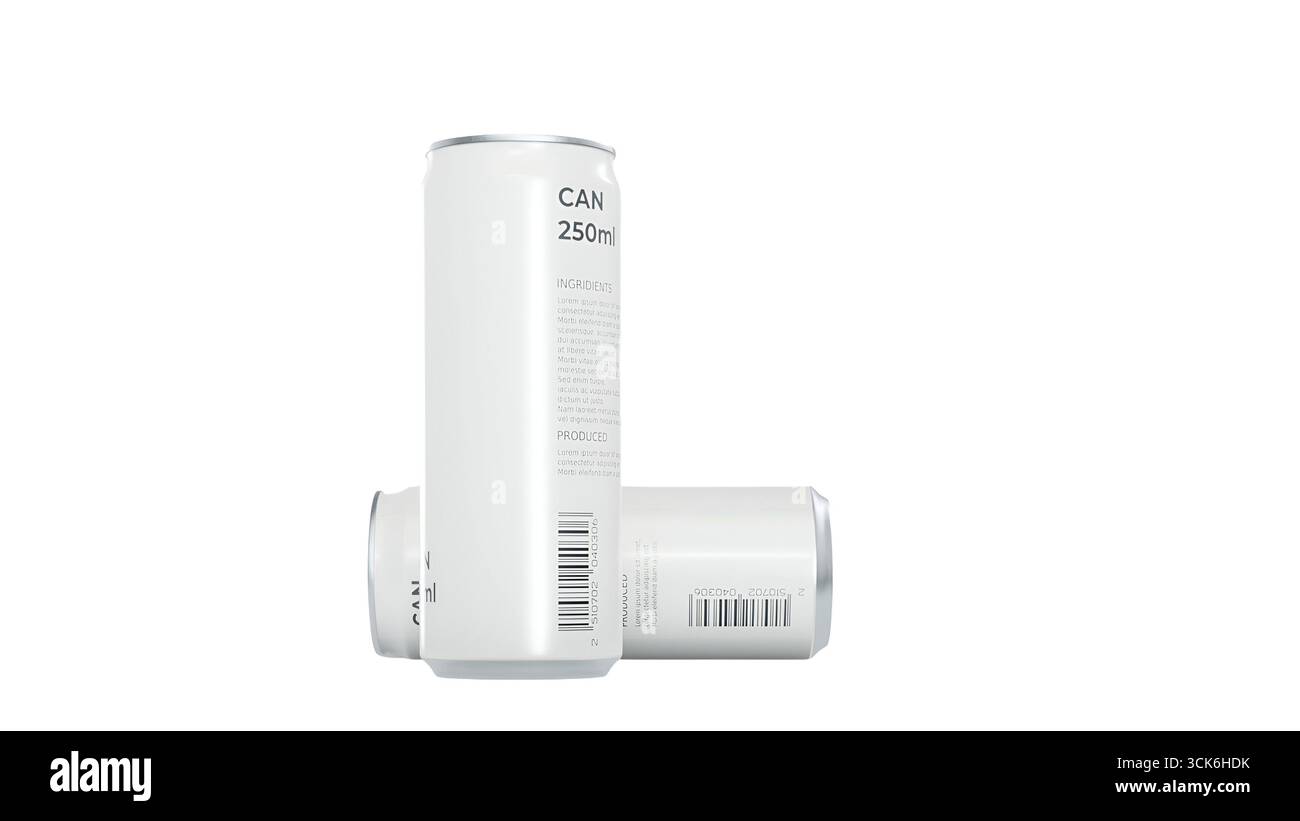 Ein minimalistisches Design mit zwei weißen Dosen, die ihre Etiketten und Barcodes präsentieren und die Einfachheit und Funktionalität betonen. Stockfoto