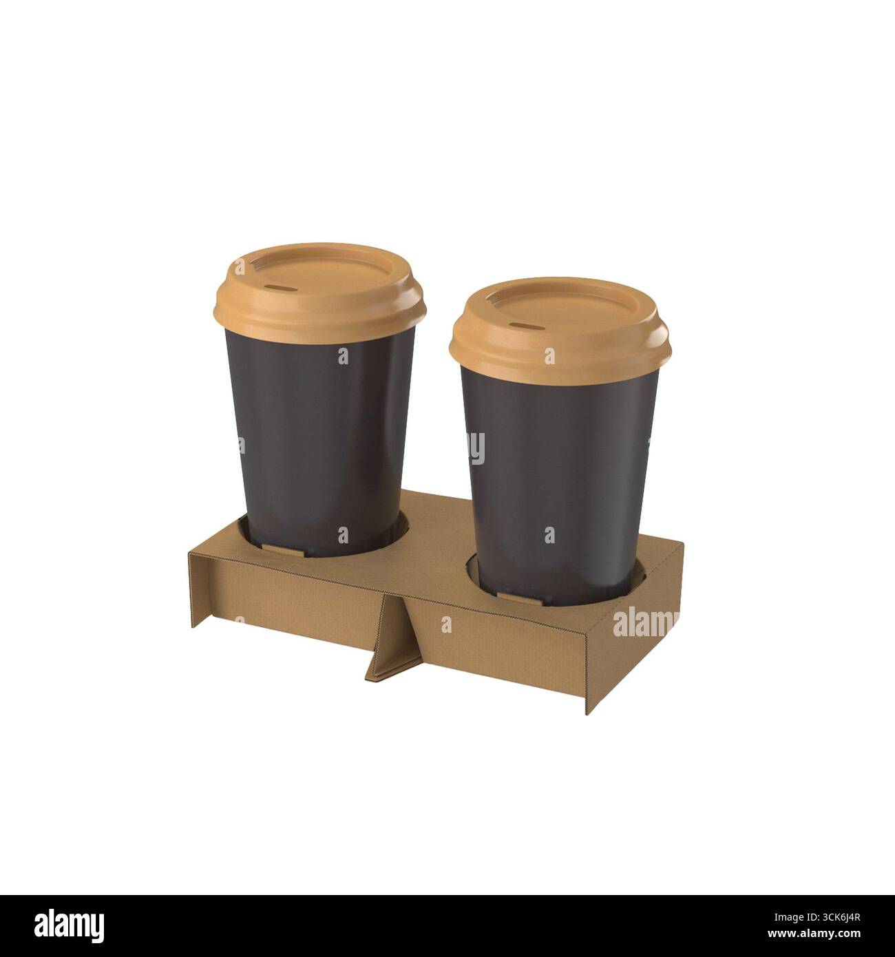 Eine Kartonschale für zwei Kaffeetassen zum Mitnehmen, die für einen einfachen Transport konzipiert sind. Stockfoto