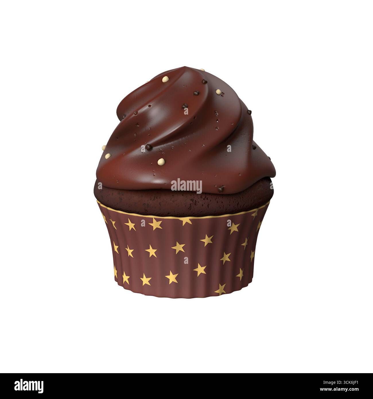 Ein köstlicher Schokoladen-Cupcake mit einem verdrehten Zuckerguss, verziert mit kleinen dekorativen Elementen. Stockfoto