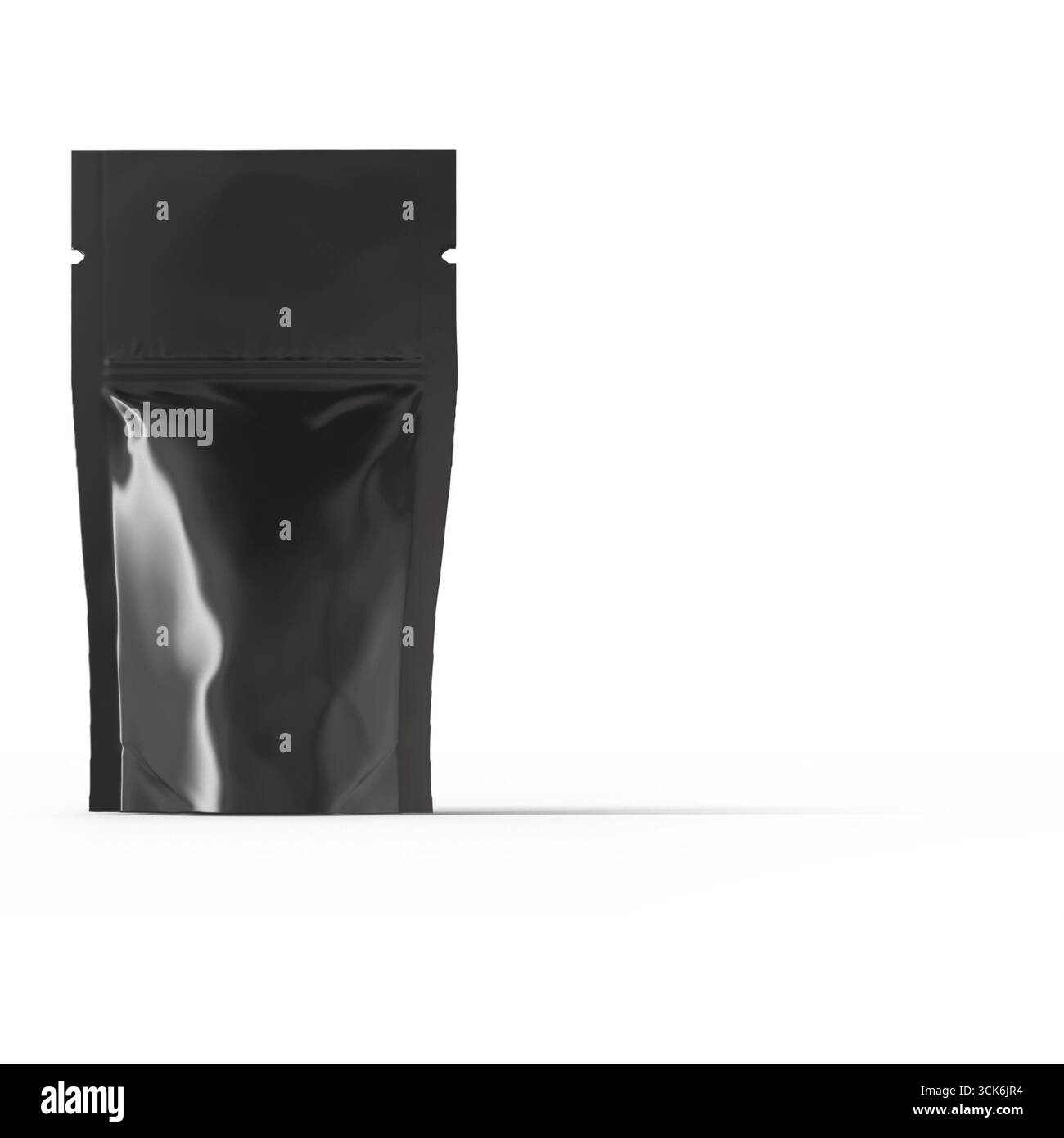 Eine elegante schwarze Verpackungstasche für verschiedene Produkte mit wiederverschließbarer Oberseite für mehr Komfort. Stockfoto