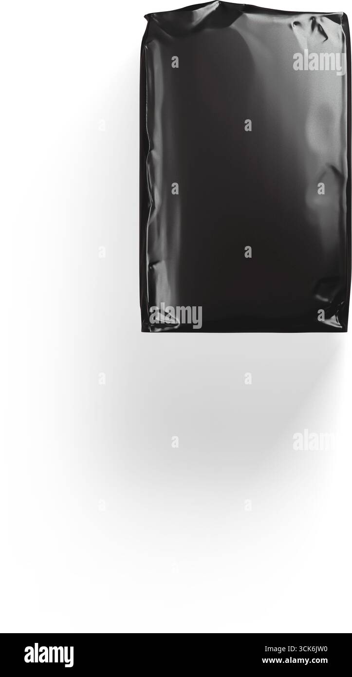 Eine schwarze, versiegelte Verpackung, möglicherweise zur Lagerung von Lebensmitteln oder Produkten. Stockfoto