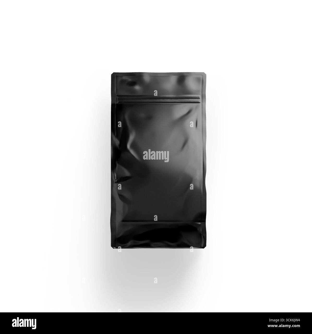 Eine schlanke, schwarze, wiederverschließbare Tasche, die in der Regel zum Verpacken von Lebensmitteln oder anderen Produkten verwendet wird und ein minimalistisches Design aufweist. Stockfoto