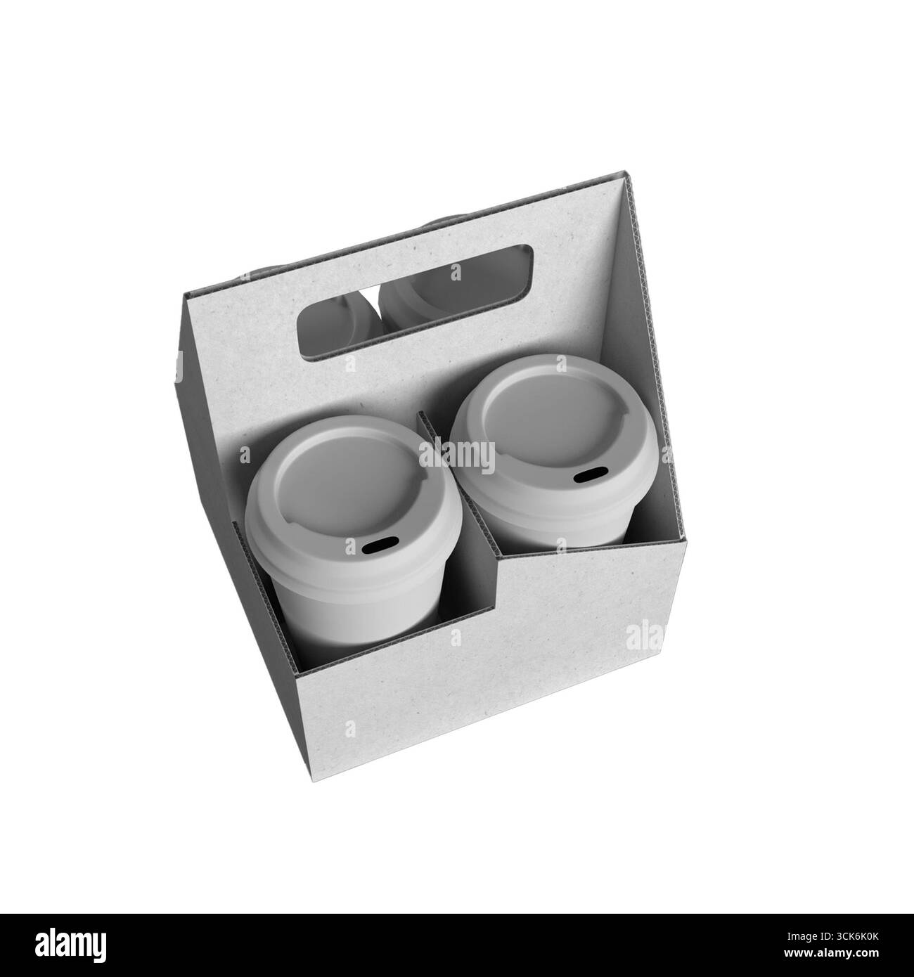 Ein Kartonträger mit zwei Bechern, geeignet für Getränke, für einfachen Transport. Stockfoto
