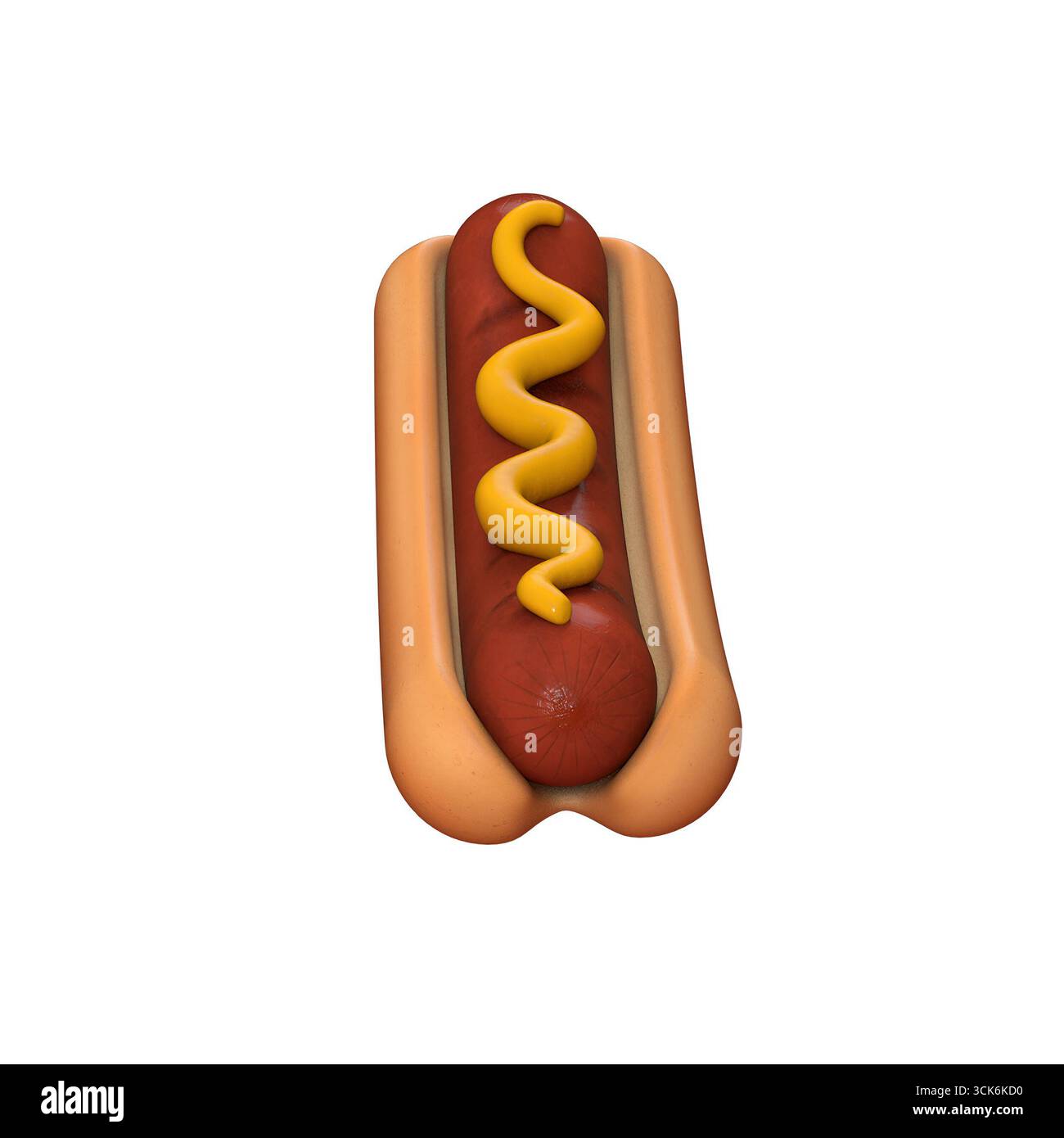 Ein Hotdog mit Senf, serviert in einem Brötchen, das einen beliebten Snack oder Fast Food darstellt. Stockfoto