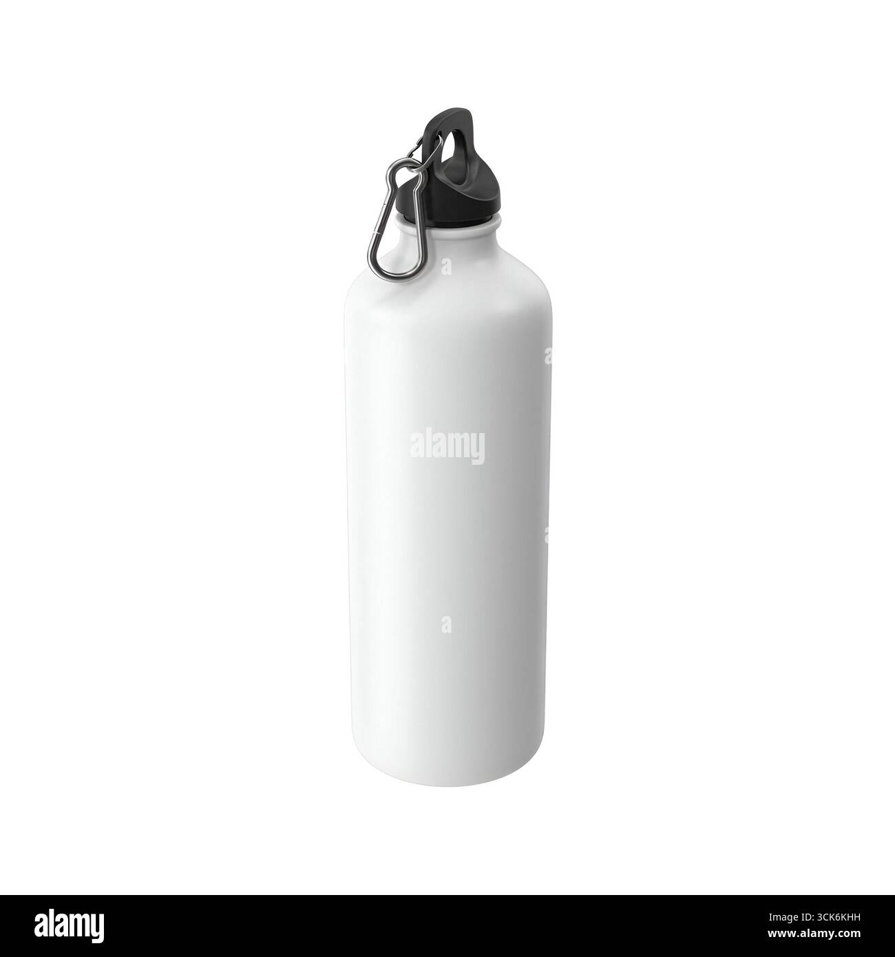 Eine elegante weiße Wasserflasche mit schwarzem Verschluss und Clip, die unterwegs Feuchtigkeit spendet. Stockfoto