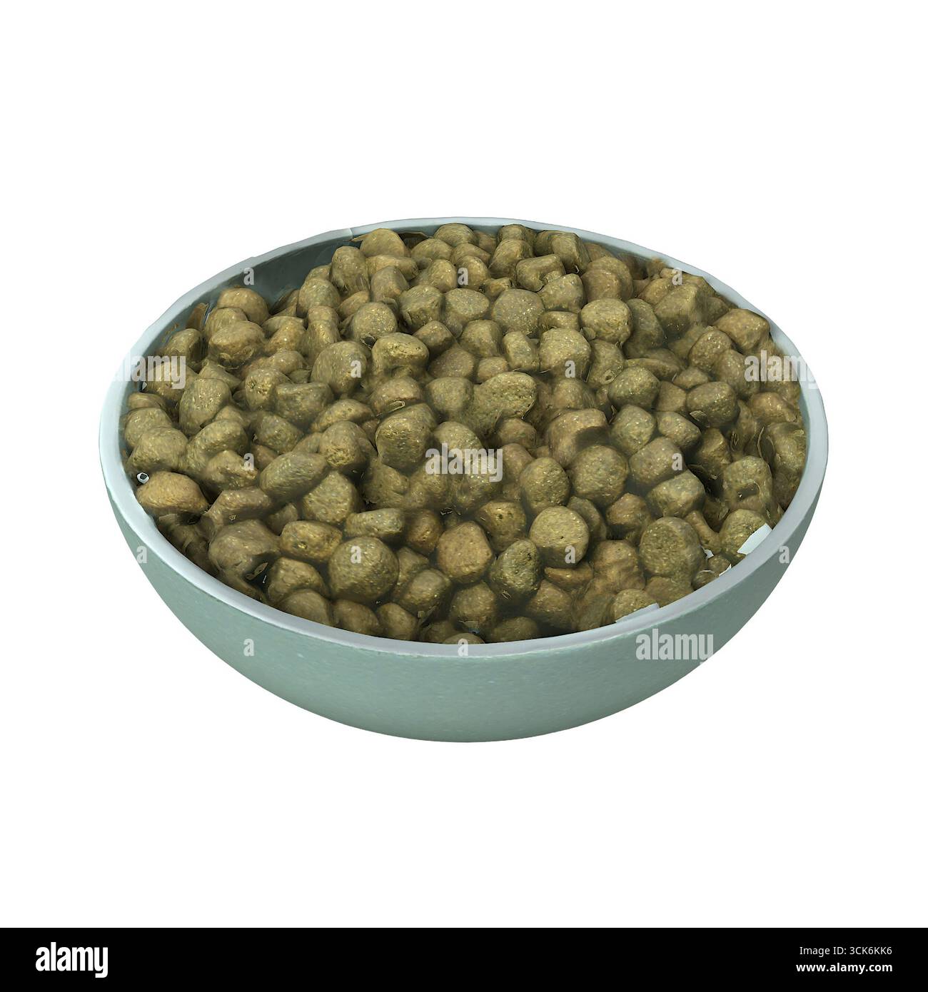 Eine Schüssel gefüllt mit kleinen, runden, grünlichen Tierfutterpellets für die Tierernährung. Stockfoto