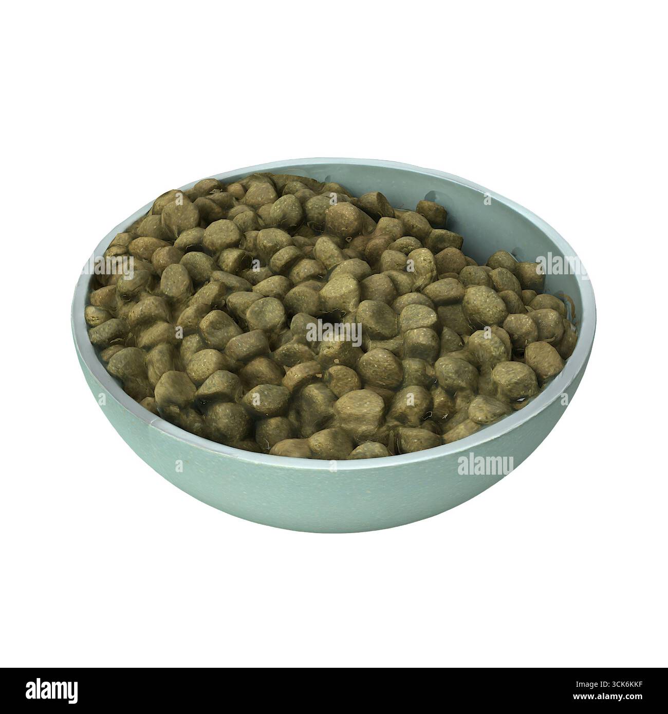 Eine Schüssel mit kleinen, runden Pellets für Tierfutter, die für die Tierernährung bestimmt sind. Stockfoto