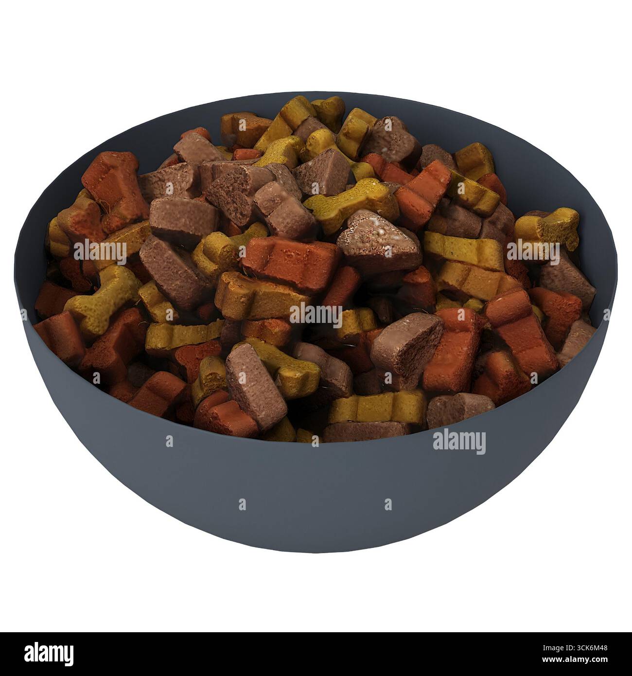 Eine Schüssel gefüllt mit farbenfrohem Tierfutter, entwickelt für Tierernährung und Fütterung. Stockfoto