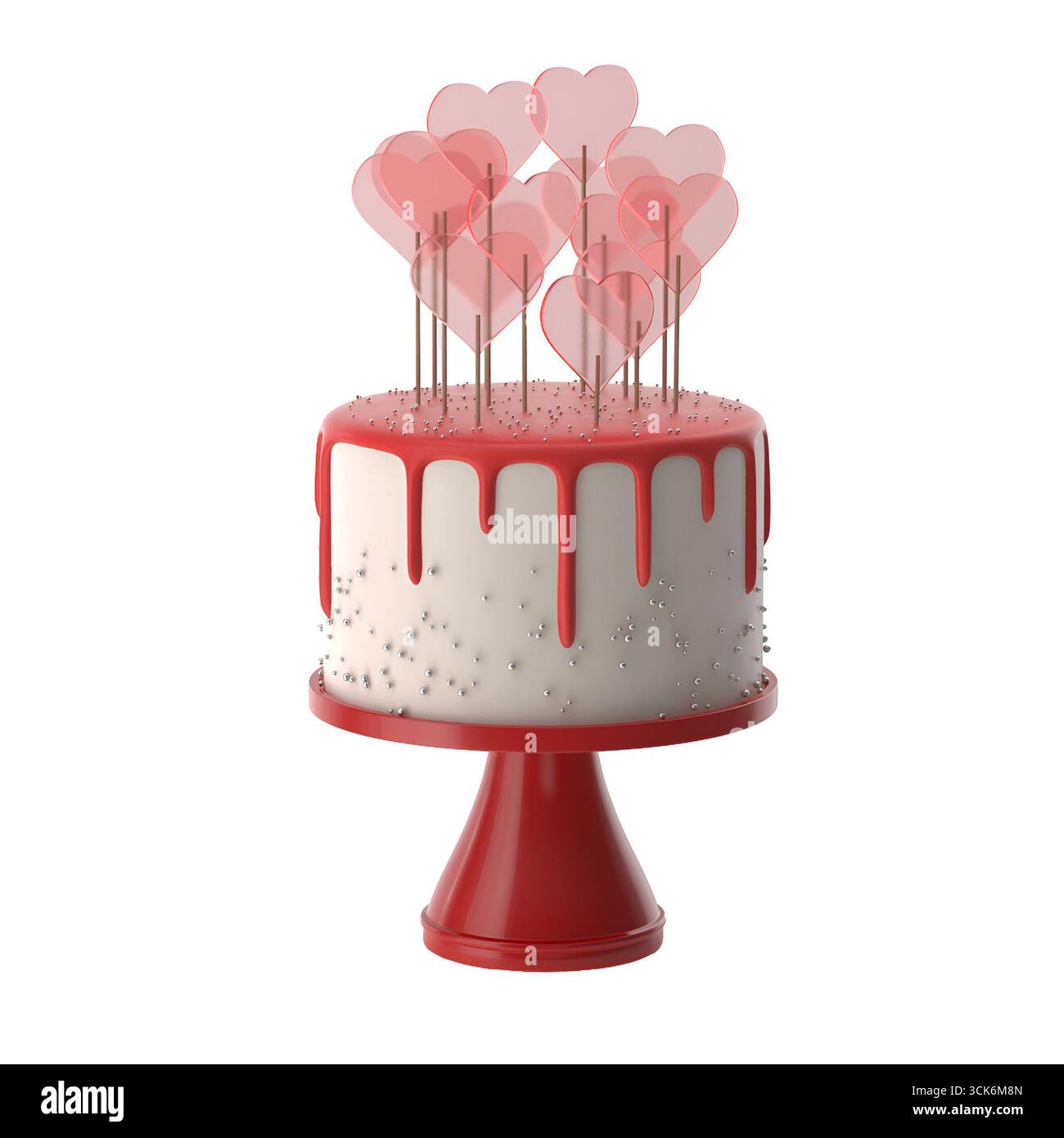 Ein festlicher Kuchen mit herzförmigen Deckeln, perfekt für Geburtstage oder Jahrestage. Stockfoto