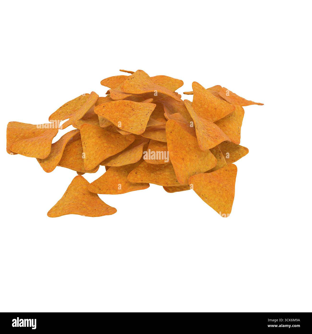 Ein Haufen knuspriger, dreieckiger Tortilla-Chips, perfekt zum Snacken oder Servieren mit Dips. Stockfoto