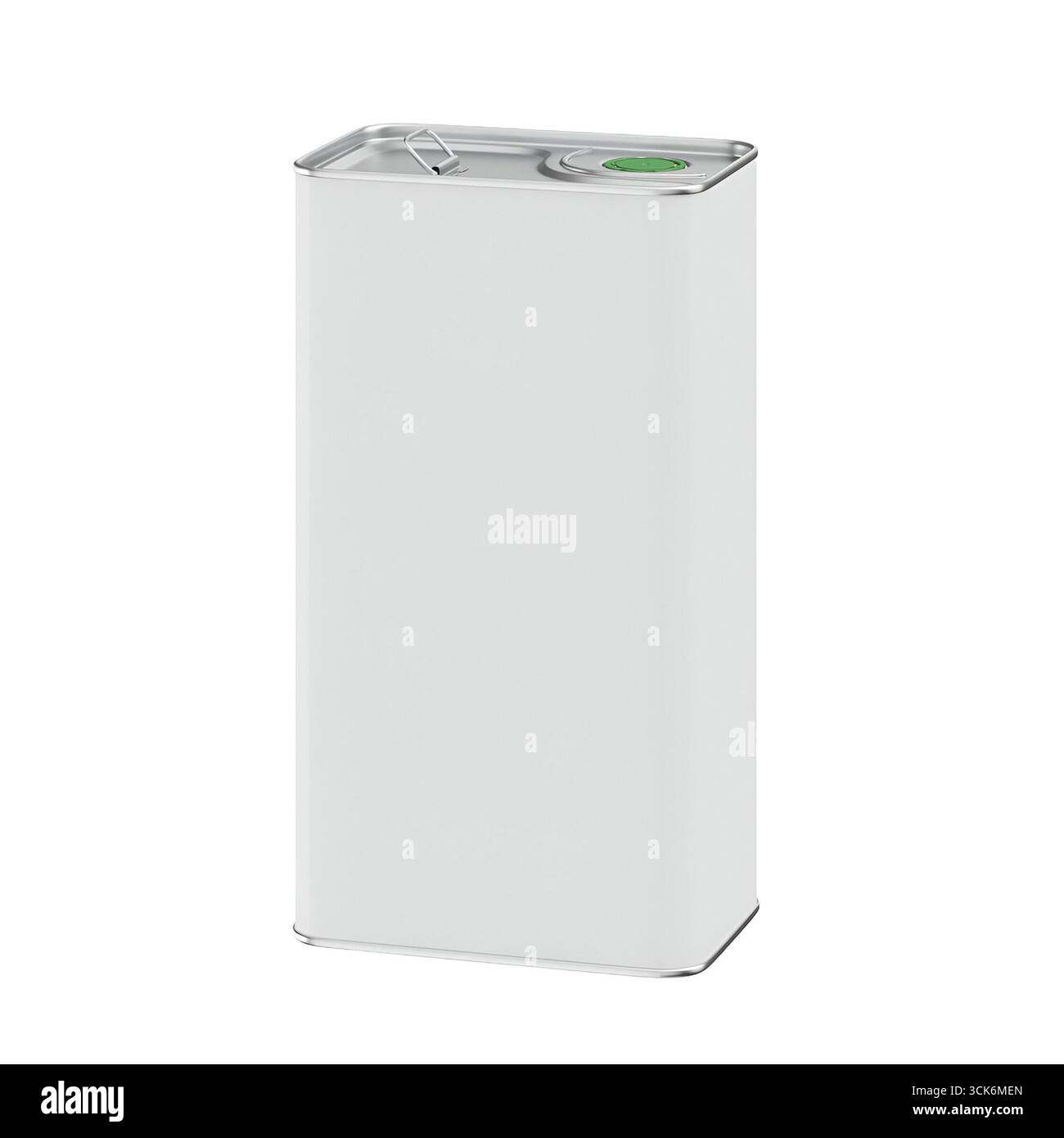 Ein einfacher weißer rechteckiger Kanister mit grüner Kappe, der wahrscheinlich zur Lagerung von Flüssigkeiten oder Chemikalien verwendet wird. Stockfoto