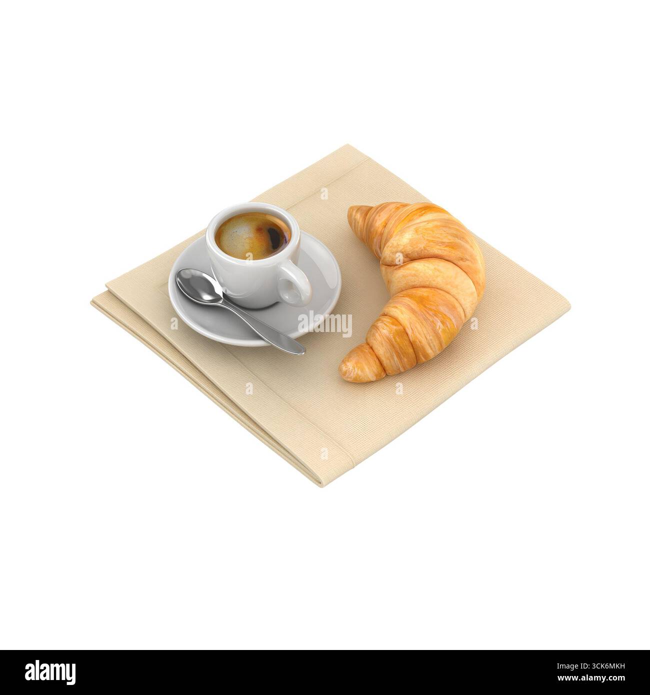 Eine gemütliche Frühstücksszene mit einer Tasse Kaffee und einem Croissant auf einer Serviette, perfekt für einen gemütlichen Morgen. Stockfoto
