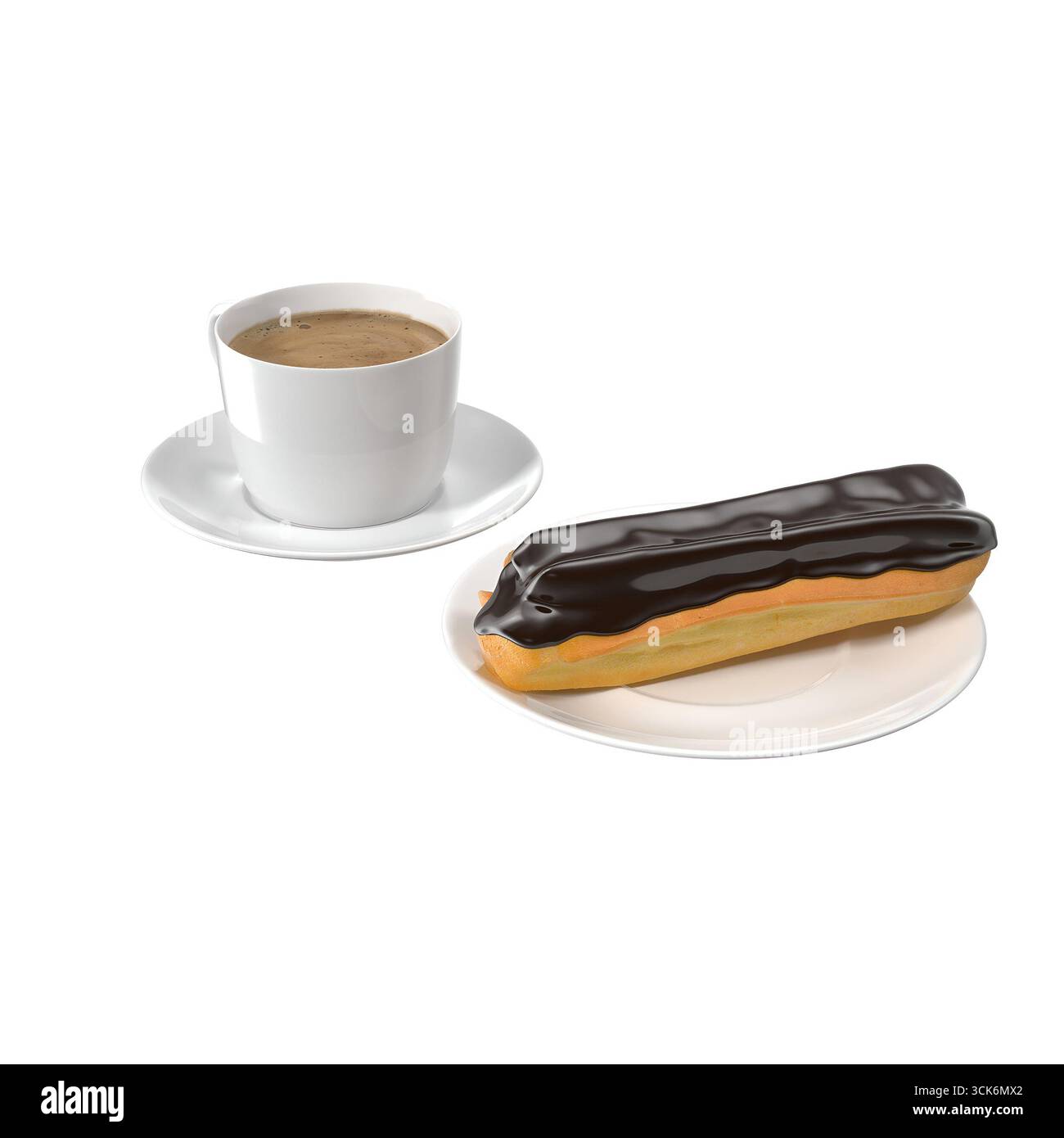 Eine Tasse Kaffee zusammen mit einem mit Schokolade überzogenen Gebäck, perfekt für einen leckeren Snack oder Frühstück. Stockfoto