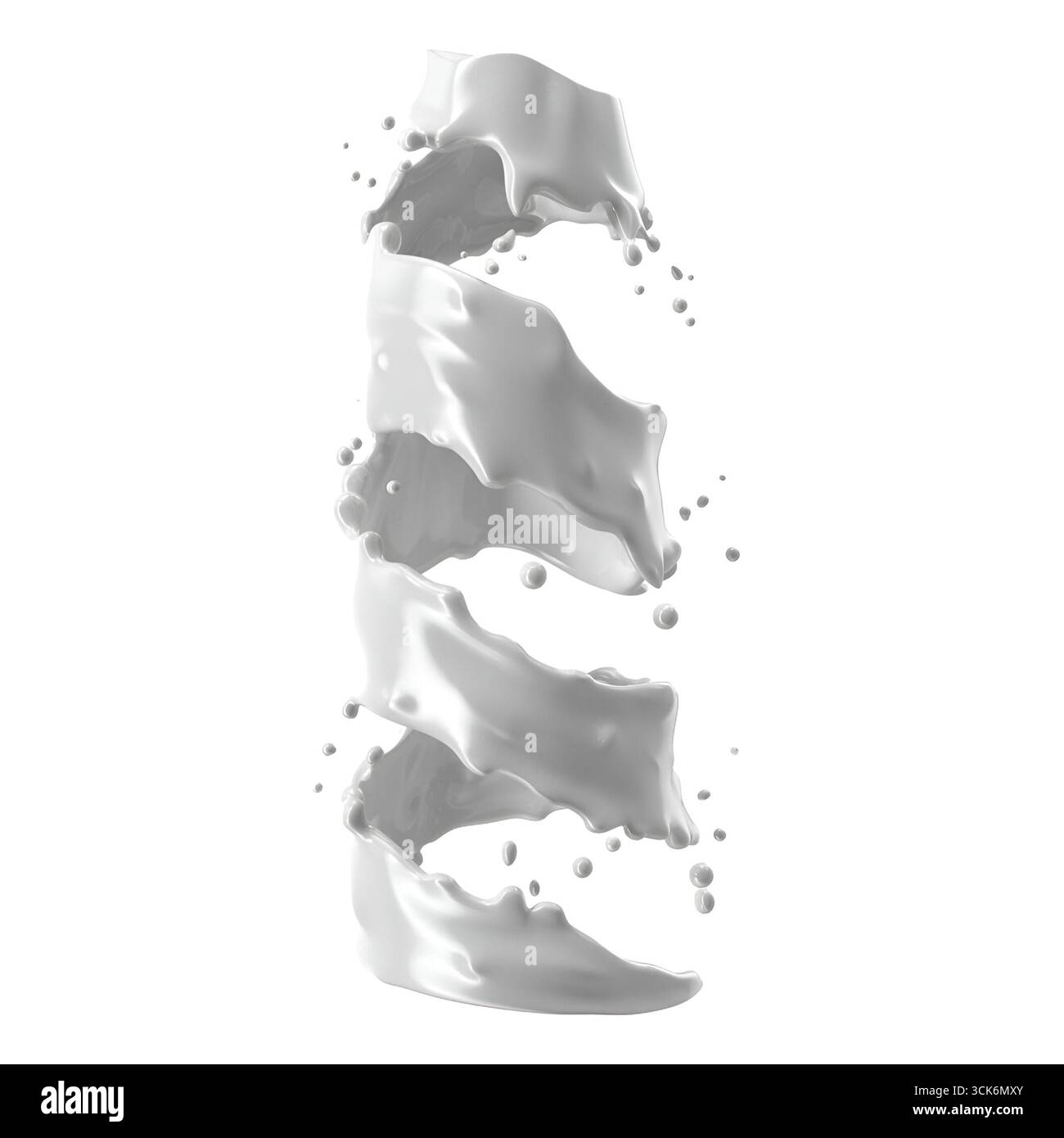 Ein dynamischer Spritzer Flüssigkeit, der eine abstrakte Spiralform mit fließenden Texturen und Tropfen schafft. Stockfoto