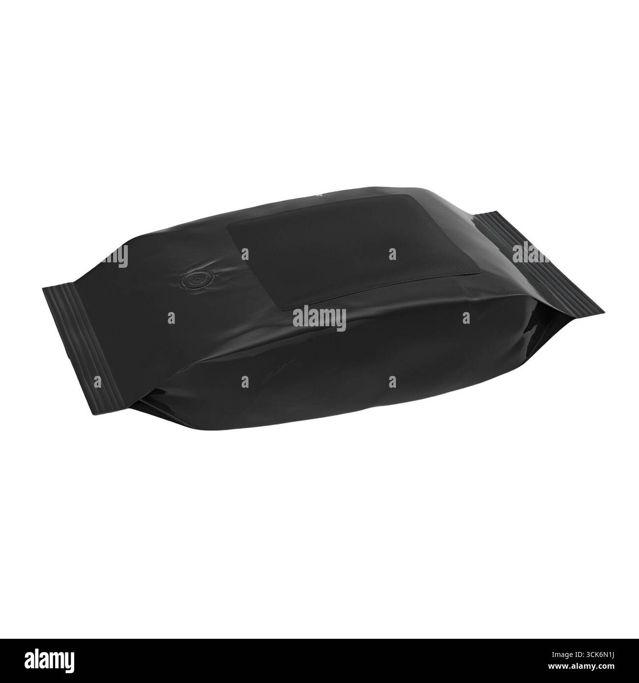 Eine schwarze, versiegelte Verpackung, die wahrscheinlich Wischtücher oder ähnliche Produkte enthält. Stockfoto