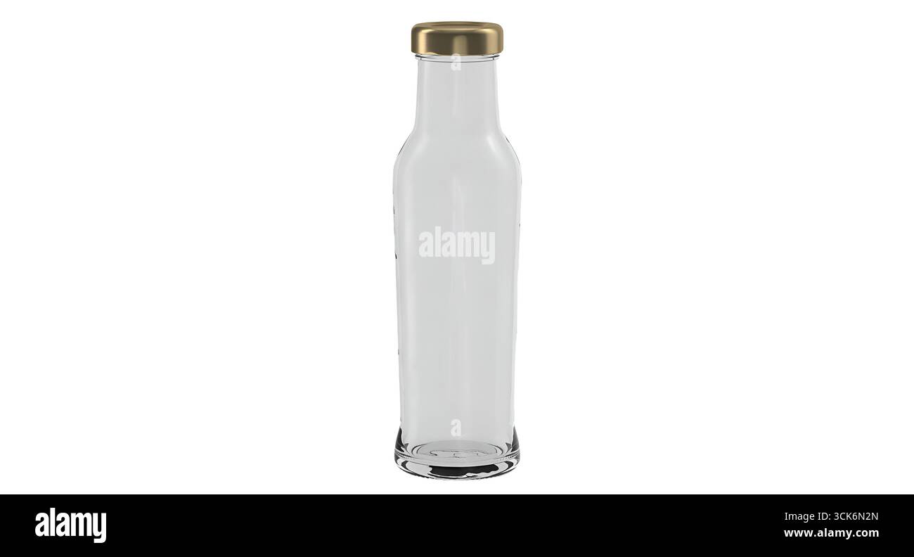 Eine durchsichtige Glasflasche mit goldenem Verschluss, geeignet für Getränke oder Lagerung. Stockfoto
