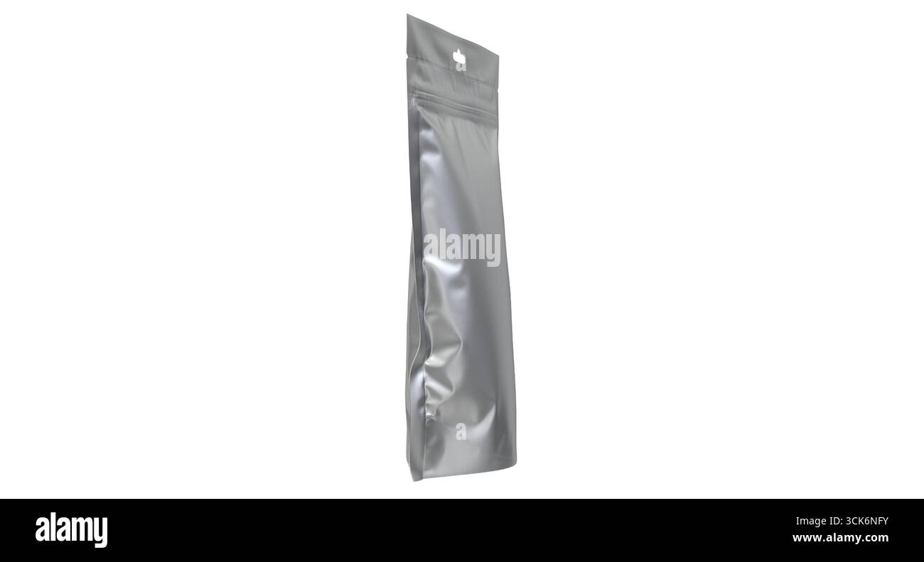 Eine silberne Verpackungstasche zur Aufbewahrung verschiedener Produkte, die ein elegantes und modernes Design unterstreicht. Stockfoto