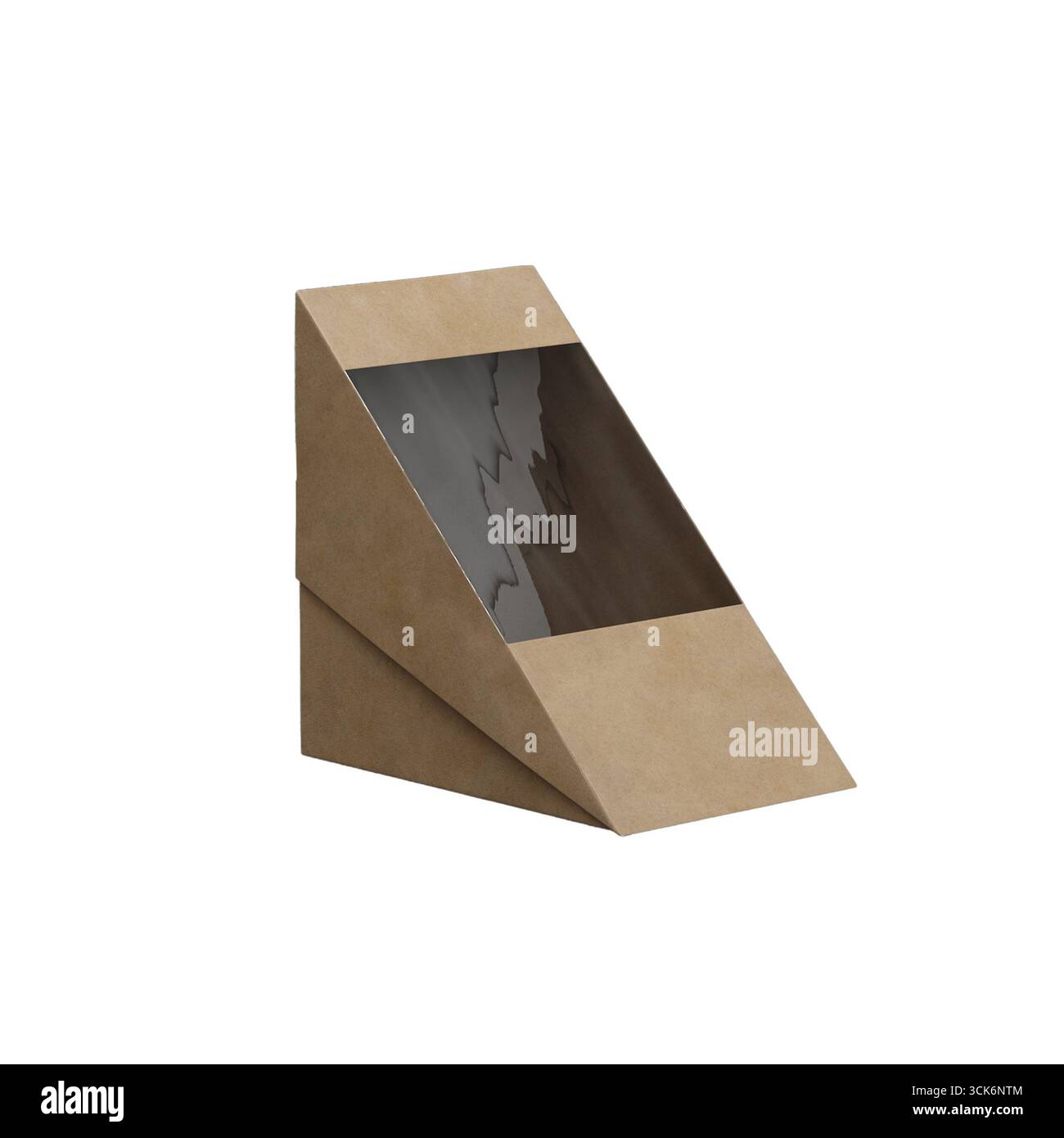 Eine dreieckige Vitrine aus Karton mit transparenter Vorderseite zur Präsentation von Produkten. Stockfoto