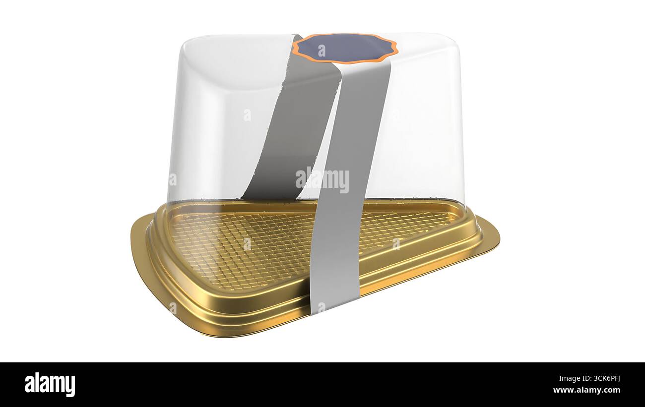 Ein transparenter Lebensmittelbehälter mit goldenem Boden und grauem Riemen für sicheren Verschluss. Stockfoto