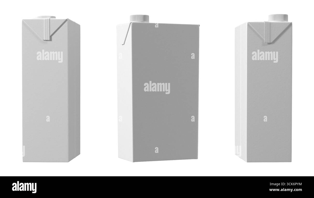 Drei einfache Kartons ohne Marke mit dreieckigem Ausgießer, die normalerweise zum Verpacken von Getränken verwendet werden. Stockfoto