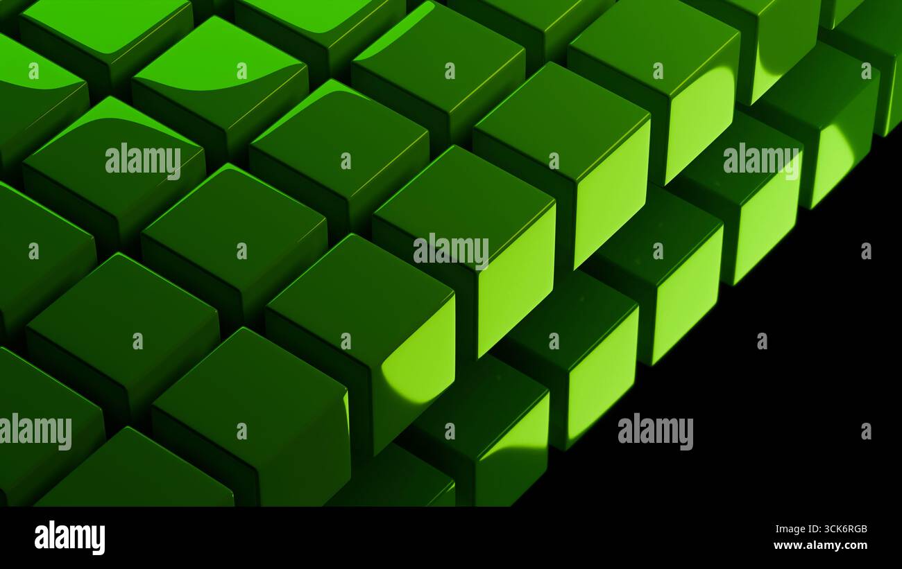Futuristisches Nahaufnahme-Rendering grüner 3D-Würfel, die perspektivisch gestapelt sind und eine moderne abstrakte Oberfläche mit konzeptionellem digitalem Design bilden. Stockfoto