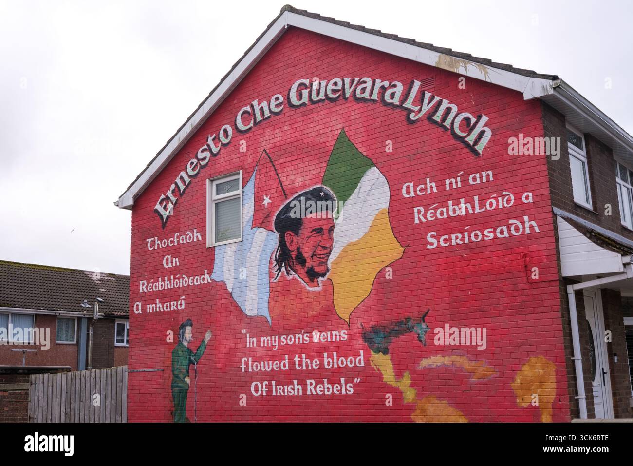 3. Juli 2025: Irland: Historisches Wandbild mit der kubanischen Revolutionsfigur Che Guevara und irischen Bildern in Belfast Stockfoto