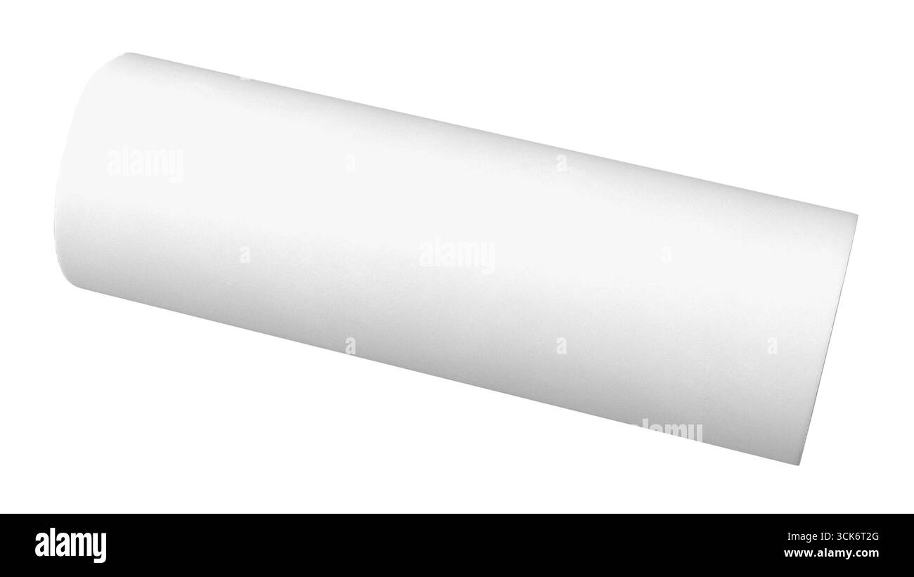 Ein glattes weißes zylindrisches Objekt, wahrscheinlich eine Rolle Papier oder ähnliches Material, das für verschiedene Zwecke wie Drucken oder Basteln verwendet wird. Stockfoto