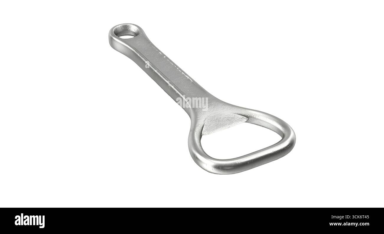 Ein Flaschenöffner aus Edelstahl zum einfachen Öffnen von Flaschenverschlüssen. Stockfoto