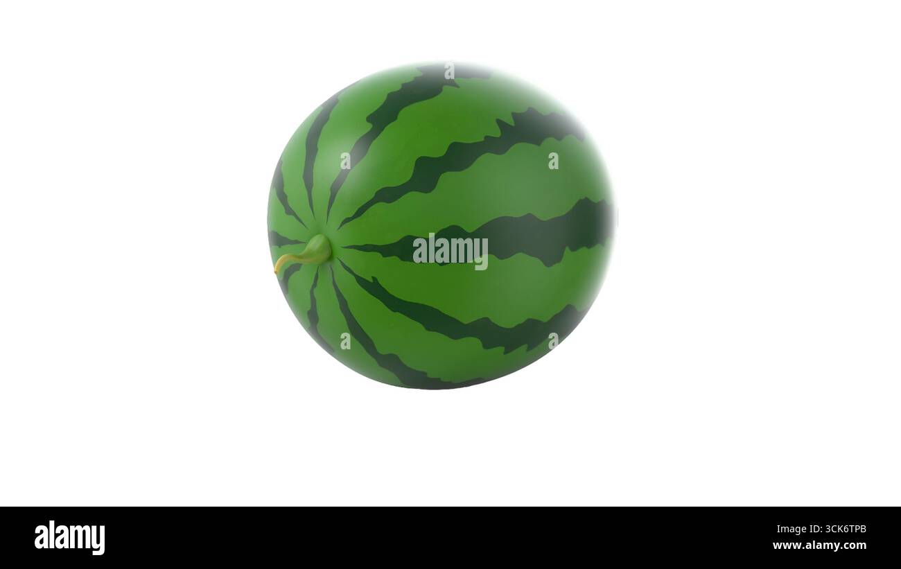 Realistisches 3D-Rendering einer Wassermelone mit leuchtender grüner Rinde und charakteristischen Streifen. Stockfoto