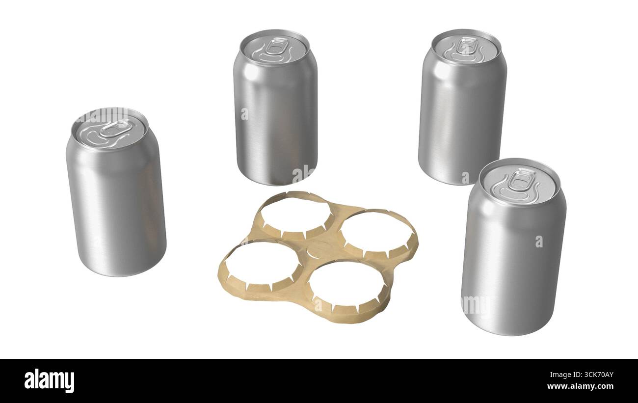 Ein Satz mit vier silbernen Getränkedosen, die um einen Papphalter angeordnet sind und normalerweise zum Verpacken von Getränken verwendet werden. Stockfoto
