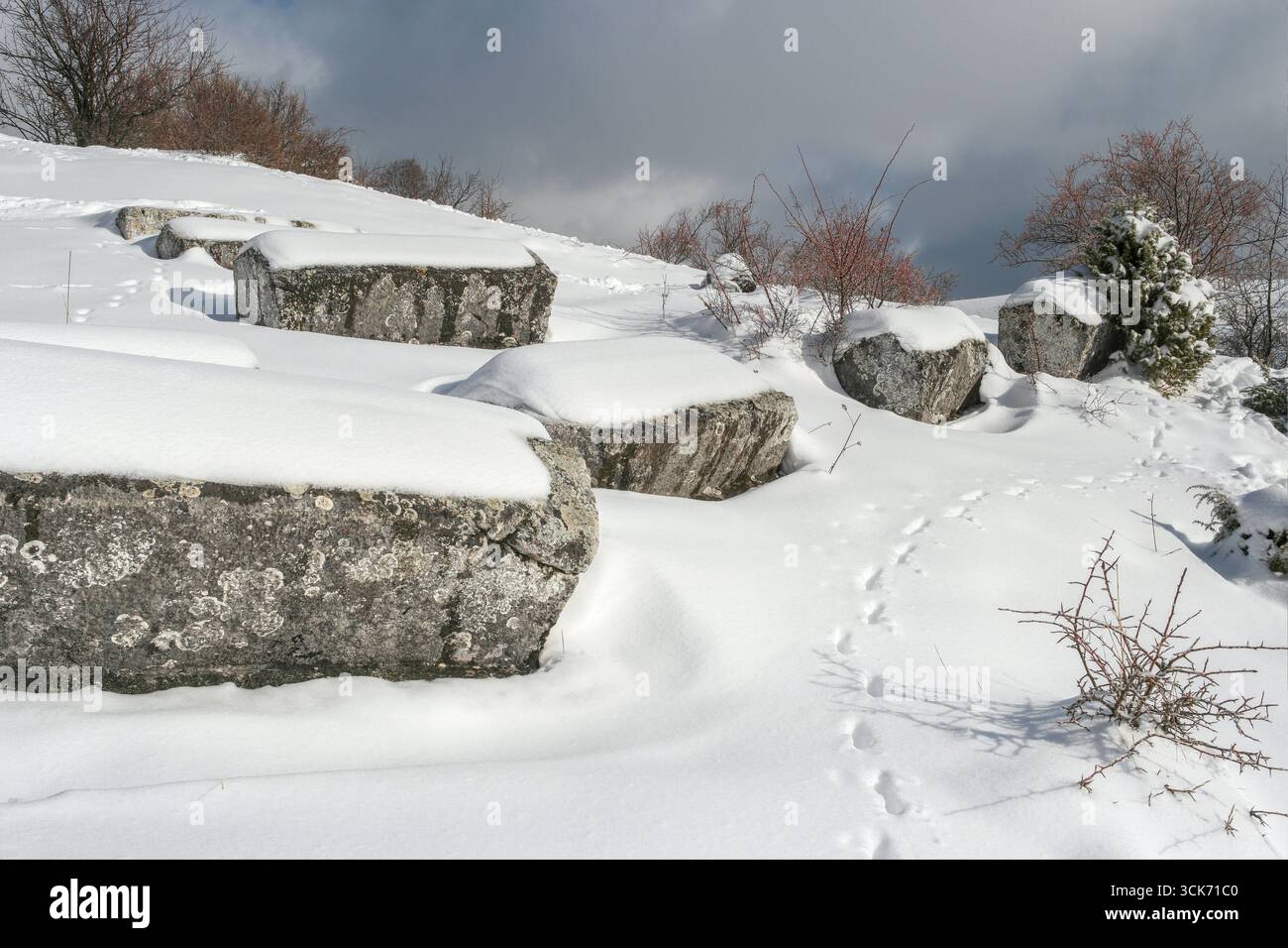 Bosnien und Herzegowina, Sarajevo Stari Grad, Donji Močioci: Nekropole mit Grabsteinen von stećak und nišan in Grčko groblje/Svatovsko groblje Stockfoto