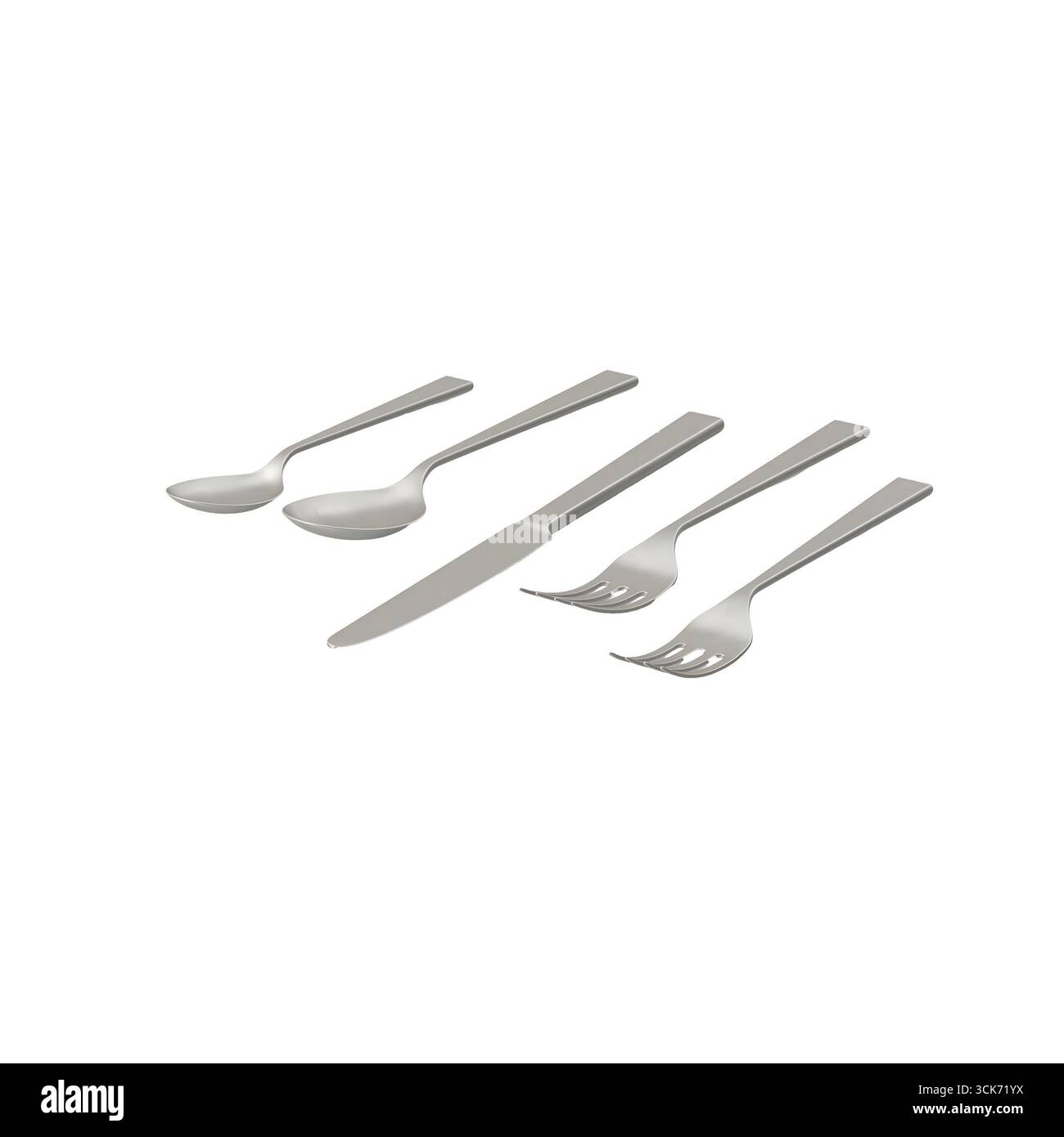 Ein Set aus Edelstahl-Besteck mit Gabeln, Messern und Löffeln, die ordentlich angeordnet sind. Stockfoto