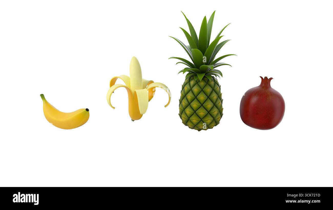 Ein farbenfrohes Arrangement von Früchten, einschließlich einer Banane, Ananas und Granatapfel, das gesunde Speisen bietet. Stockfoto