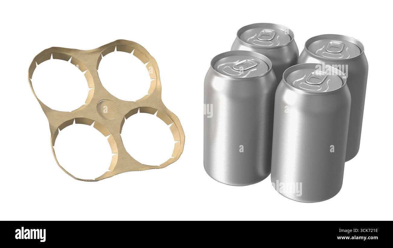 Ein Sechserpackungshalter neben vier Getränkedosen aus Aluminium, das ein gängiges Verpackungsdesign für Getränke veranschaulicht. Stockfoto