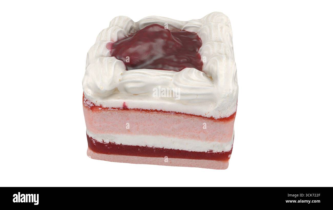 Ein mehrschichtiges Dessert mit rosa und weißer Creme, garniert mit einer Beerensauce. Stockfoto