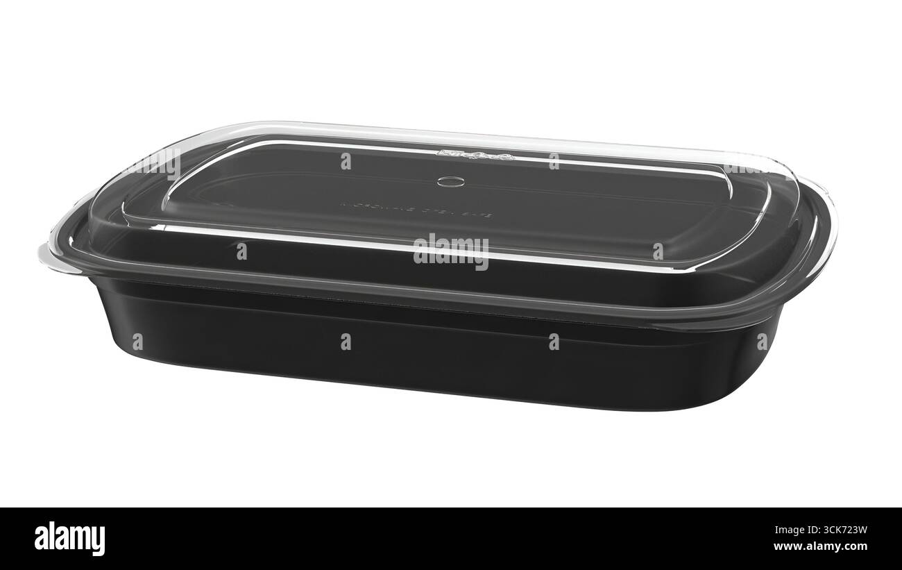 Ein schwarzer Aufbewahrungsbehälter für Lebensmittel mit durchsichtigem Deckel für frische und organisierte Mahlzeiten. Stockfoto