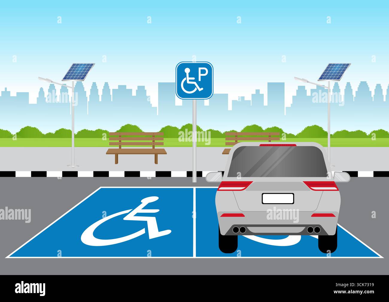 Auto parkt am Behindertenparkplatz. Behindertenparkplatz. Rollstuhlparkplatz für Behinderte. Vektorabbildung. Stock Vektor