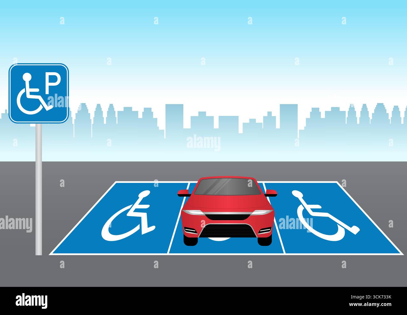 Auto parkt am Behindertenparkplatz. Behindertenparkplatz. Rollstuhlparkplatz für Behinderte. Vektorabbildung. Stock Vektor