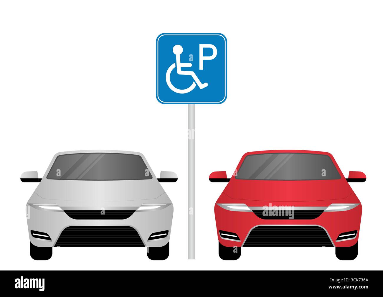 Auto parkt am Behindertenparkplatz. Behindertenparkplatz. Rollstuhlparkplatz für Behinderte. Vektorabbildung. Stock Vektor